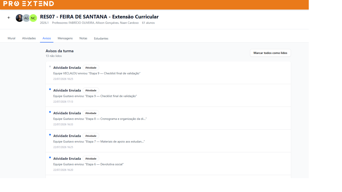 Área de Avisos com diferentes tipos de notificação.