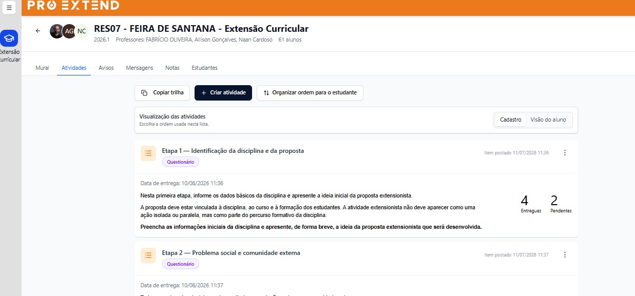 Turma acessada pelo coordenador, com trilha, entregas e pendências.