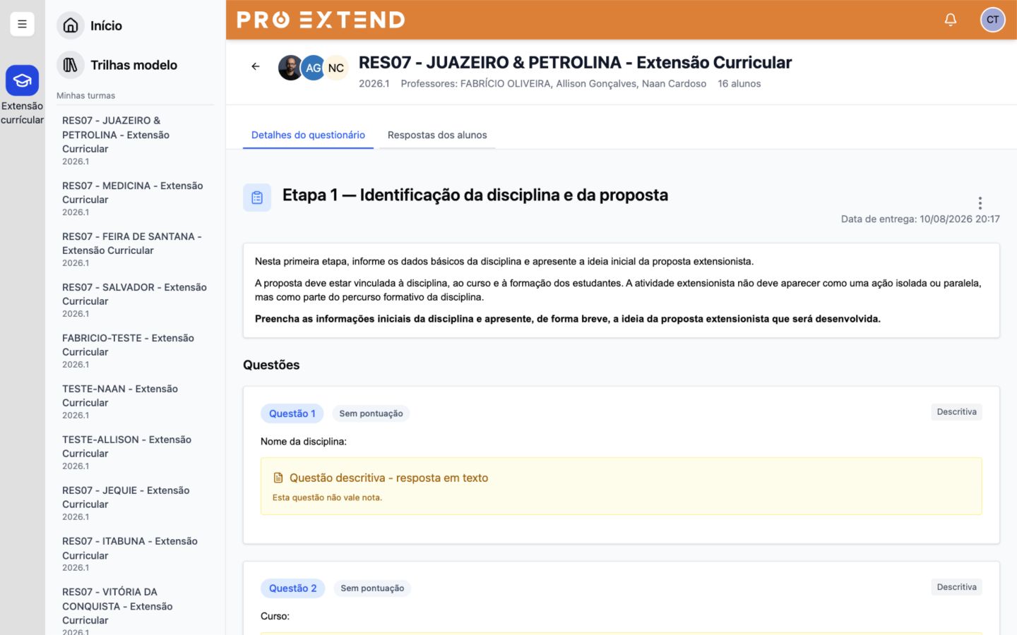 Aba Detalhes da atividade ou do questionário.