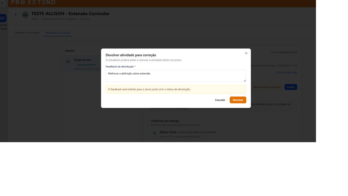 Devolução com campo obrigatório de feedback e botão Devolver.