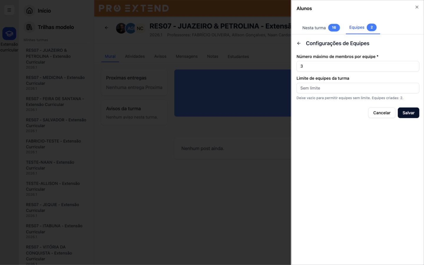 Botão Configurações da Equipe destacado.