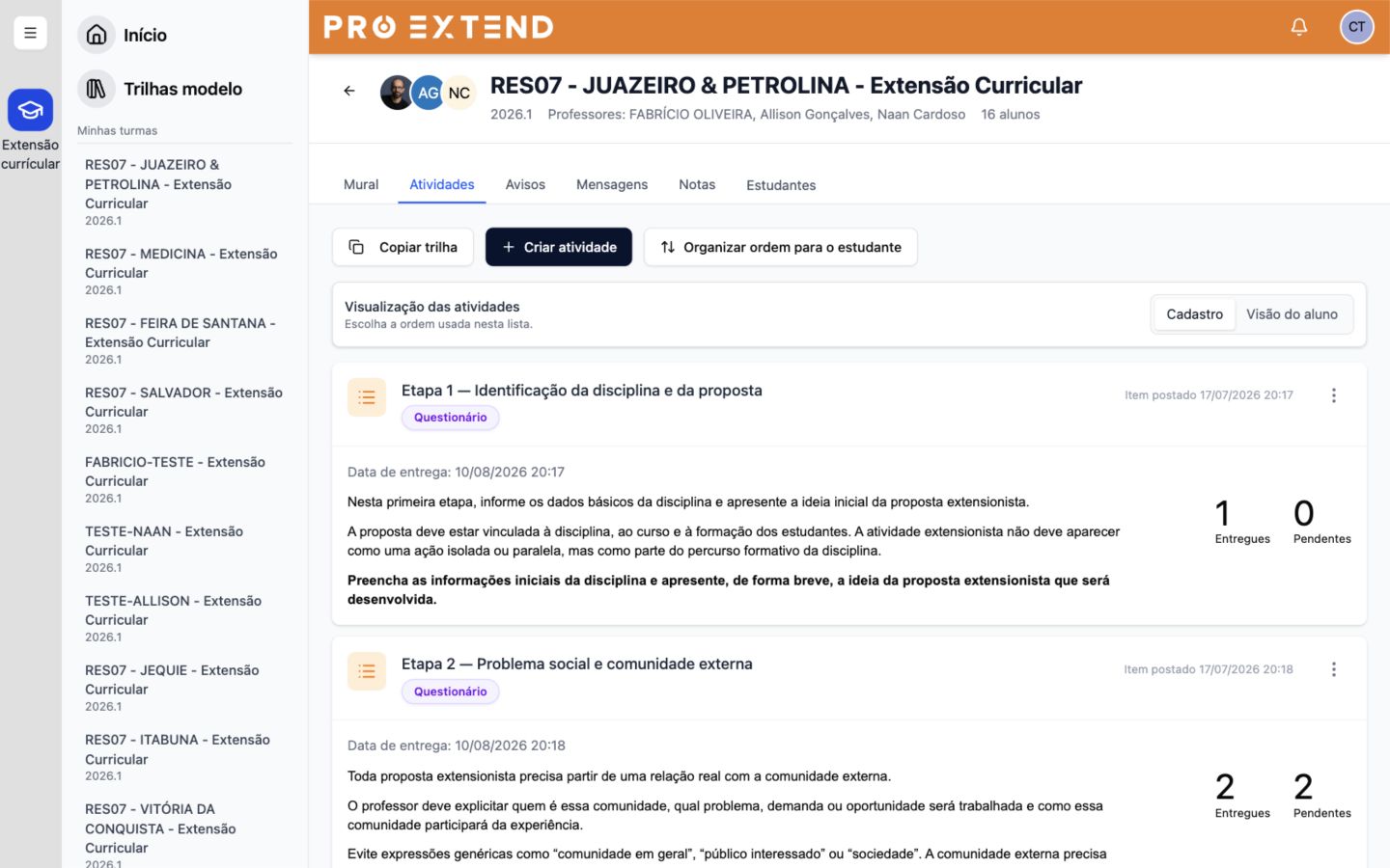 Áreas para adicionar arquivos e links.