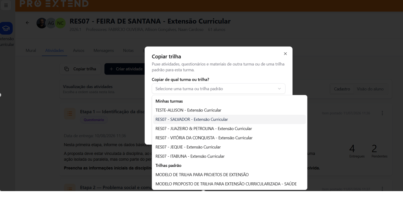 Seleção das turmas que receberão o conteúdo.