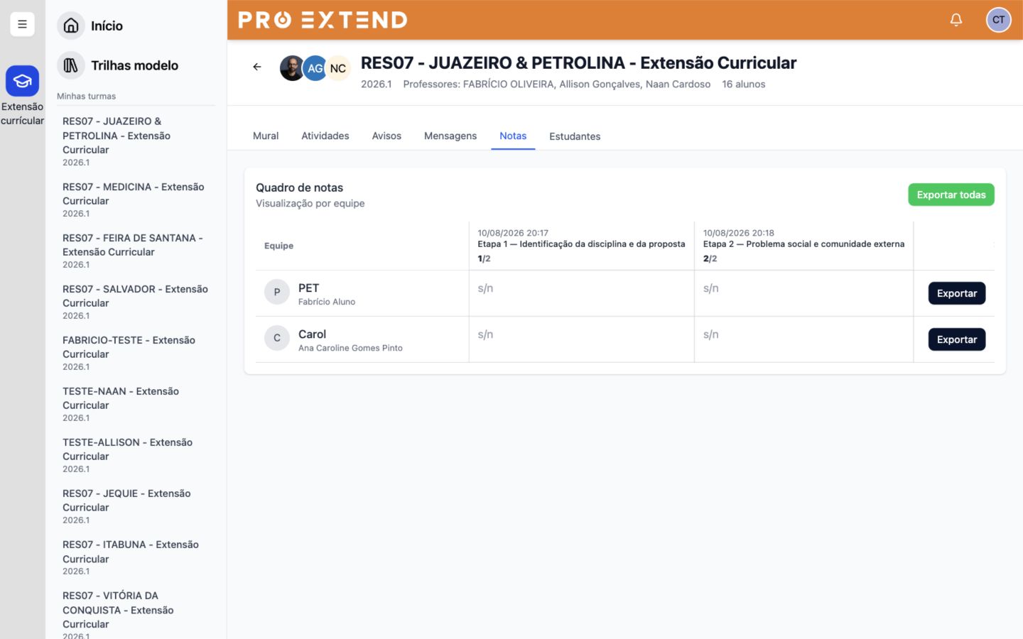 Botão para exportar todos os projetos da turma em um único PDF.