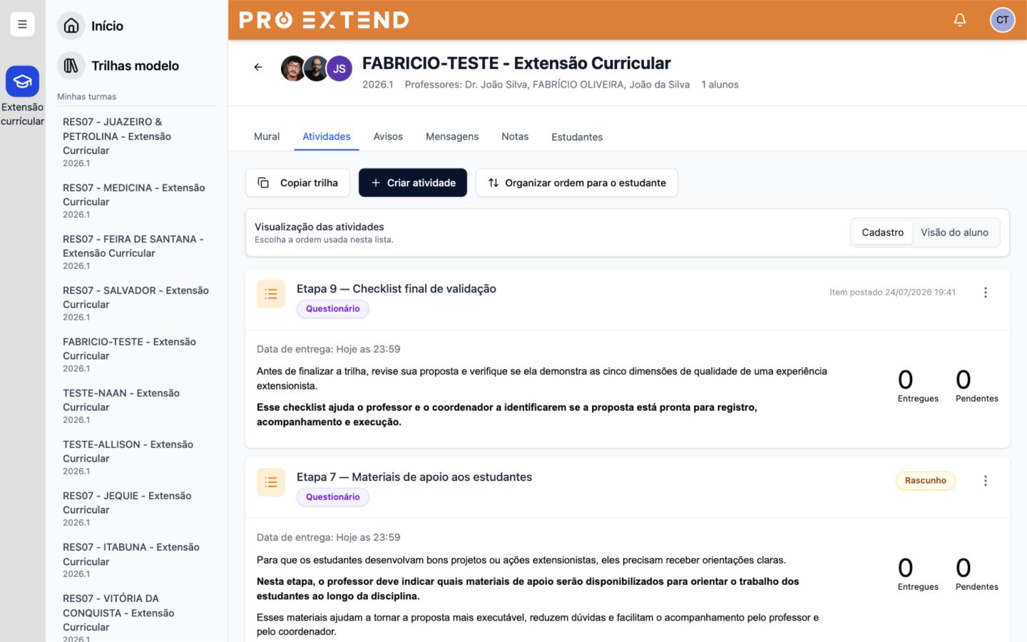 Área de Atividades no primeiro acesso, ainda sem conteúdos.