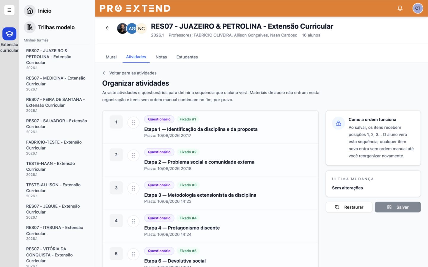 Tela Organizar Ordem para o Estudante com os conteúdos sendo reordenados.